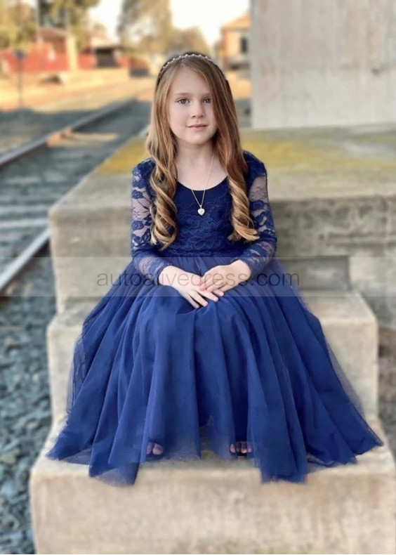 Long Sleeves Lace Tulle Ankle Length Flower Girl Dress